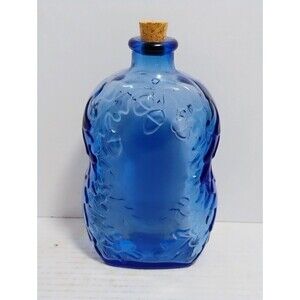 VTG LIBBEY GLASS CO 8.5” COBALT BLUE ACORNS & OAK LEAVES GLASS DECANTER BOTTLE
